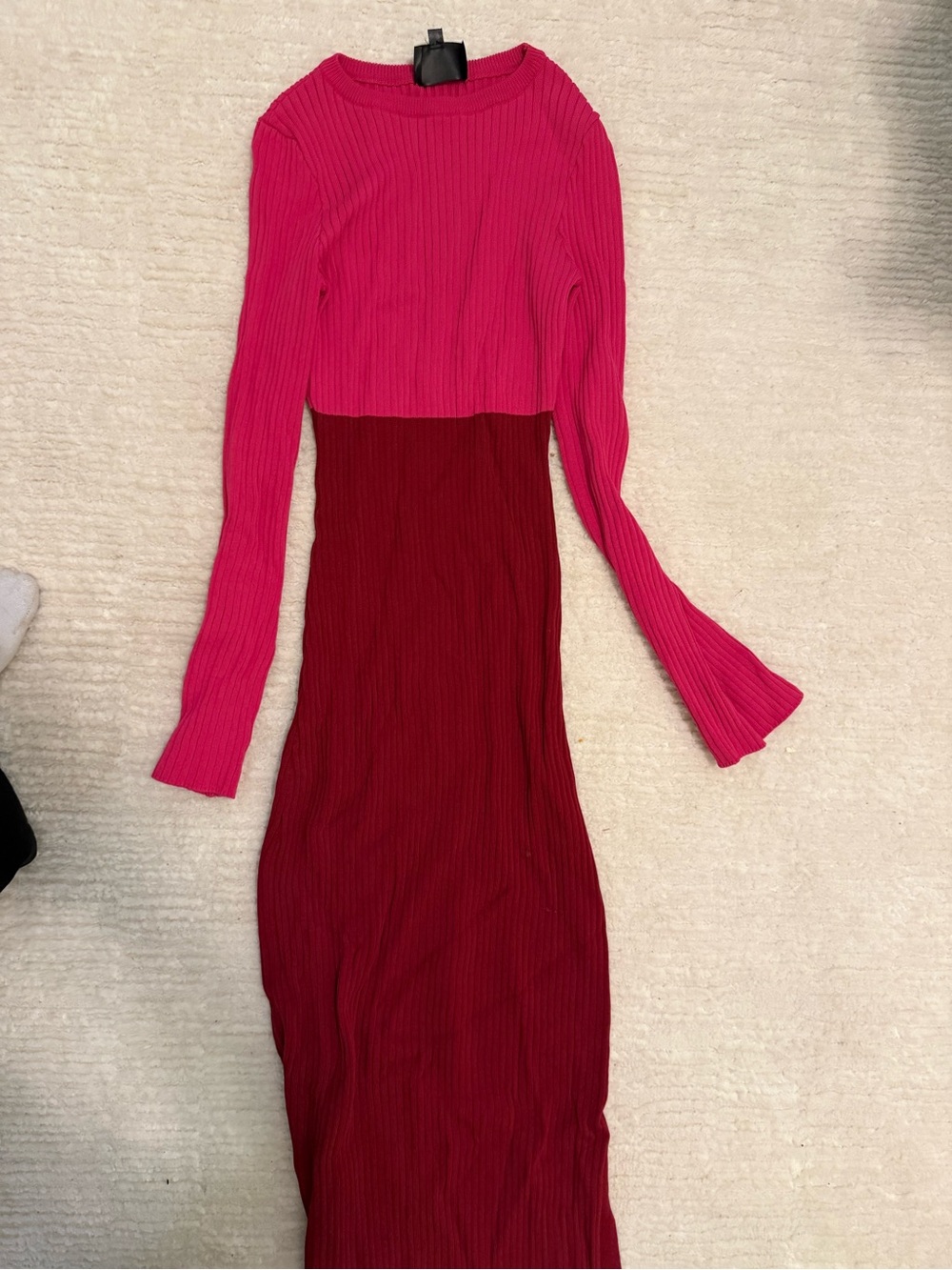 Line & Dot Two-Tone Ribbed Maxi Dress in Hot Pink and Burgundy
